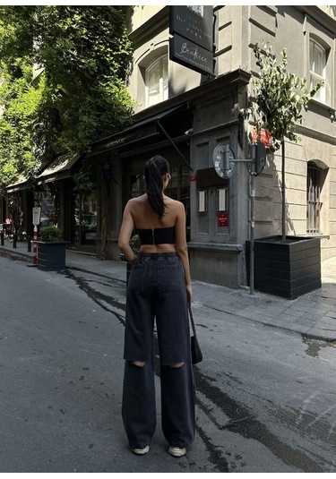 Kadın Arkadan Yırtmaçlı Jeans Kot Palazzo Pantolon - Siyah Siyah