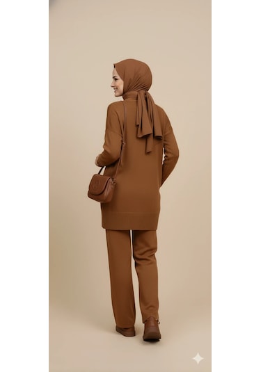 Triko Tunik Pantolon Tesettür Takım Kahve