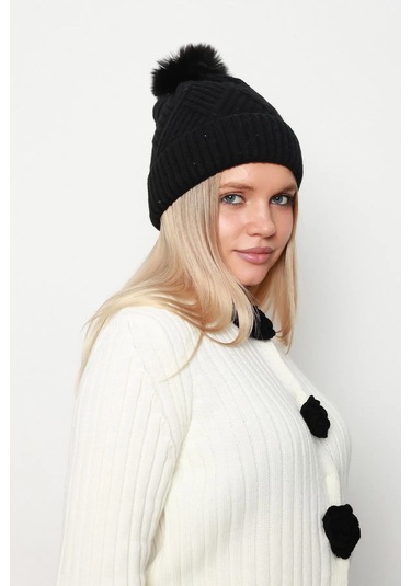 Kalın Ponponlu İçi Yünlü Kadın Bere 1140 Rkş-17 Siyah Siyah