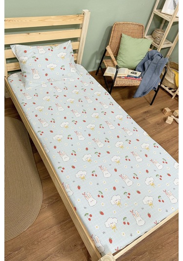 Organik Tek Kişilik Lastikli Çarşaf Seti - Şirin Tavşanlar Renkli