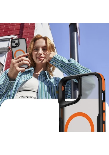 İphone 15 Uyumlu Magsafe Şarj Özellikli Renkli Kenar Airbag Şeritli Lamer Kapak-siyah