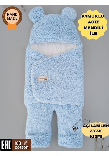 Bebek Dış Kundak Battaniyesi Welsoft Ekstra Uzun Kışlık Peluş Ayakları Açılabilen Uyku Tulumu 0-12ay Mavi