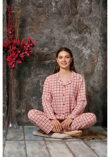 Kadın Mevsimlik Pamuklu Penye Pijama Takımı Önden Düğmeli Turuncu