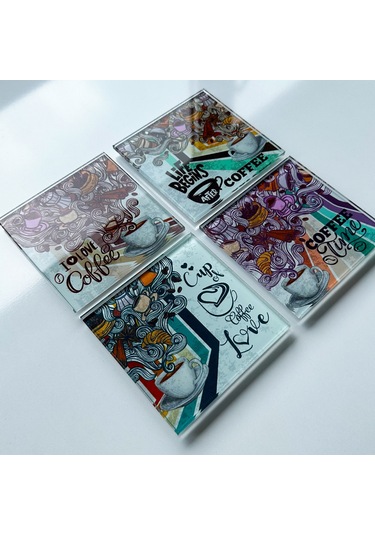 Cam Bardak Altlığı Retro Coffee 4'lü Takım Beyaz