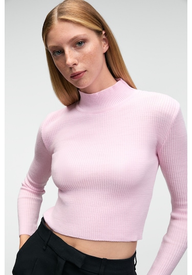 Grimelange CALIDA Kadın Dik Yaka Fitilli Görünümlü Slim Fit Triko Pembe Kazak