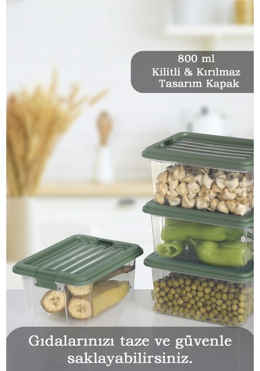 4'lü Set - 800ml Kilit Kapaklı Erzak Saklama Kabı - Difriz Buzdolabı Düzenleyici Saklama Kutusu Mint Yeşil