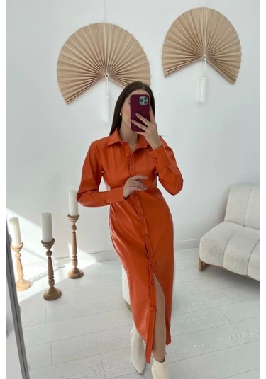 Oranj Boydan Düğmeli Deri Elbise Oranj