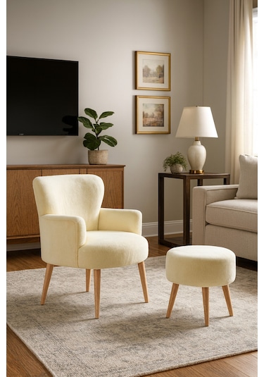 Roma Berjer + Puf Set - Welsoft Yumuşak Kumaş - Ahşap Ayak - Krem Krem