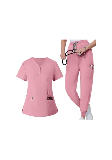Dolıty Kadın Fırçalama Üniforma Seti Hemşire İş S-pembe