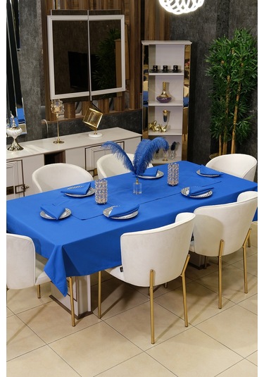 Dream 8 Parça Masa Örtüsü Seti Çeyiz Seti Salon Masa Örtüsü, Runner, 6'lı Peçete Mavi