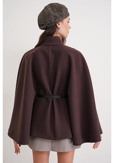 4768 Kadın Kemerli Panço Premium Kaşe Ceket Kahve Kahve