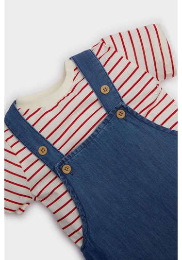 DeFacto Erkek Bebek 2'li Takım Çizgili Kısa Kollu Tişört Jean Salopet Tulum E7934A525SMBE394 Mavi