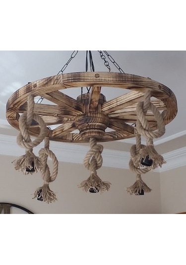 Otantik Çarşı Ahşap Halatlı Teker Avize 70 Cm. 5'Li