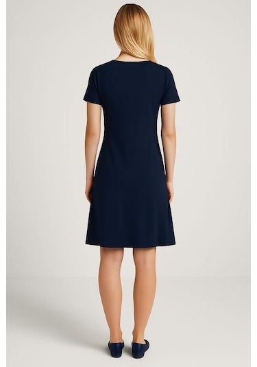 2 Adet Dökümlü Rahat Kalıp Günlük Penye Kumaş Elbise Koyu Lacivert