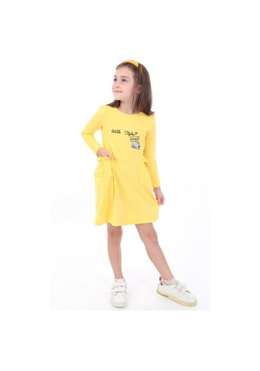 Toontoy Kız Çocuk Baskılı Elbise Koyu Sarı