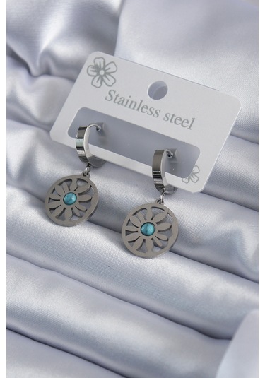 Ezoconcept 316l Çelik Gümüş Renk Papatya Model Mavi Taş Detay Kadın Küpe Çok Renkli