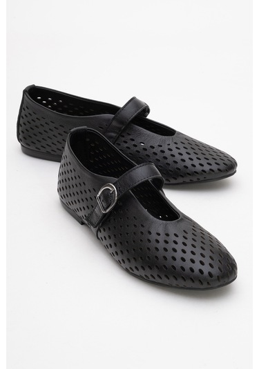 Arian Siyah Cilt Hakiki Deri Delikli Kadın Babet Ayakkabı Siyah Cilt