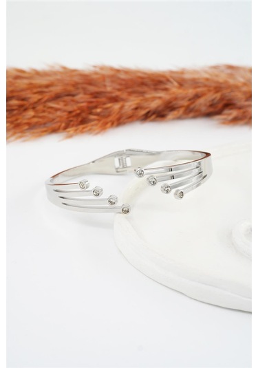 Kadın 316 L Paslanmaz Çelik Anti Alerjenik Zirkon Taşlı Çelik Bileklik -3553 Gümüş