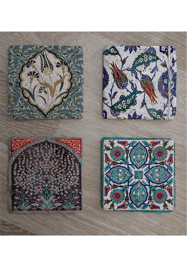 Çini Desenleri Doğal Taş Bardak Altlığı 4'lü Set - Natural Stone Coasters-174231 Çok Renkli