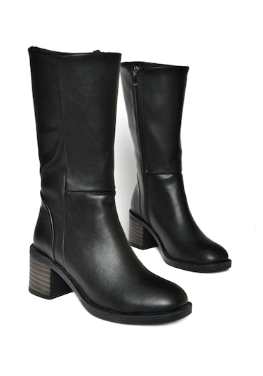 Fox Shoes R996071109 Siyah Kalın Topuklu Fermuarlı Kadın Çizme Siyah