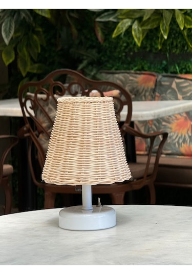 Rattan & Bambu Masa Üstü Kablosuz Pilli Abajur Masa Lambası Beyaz