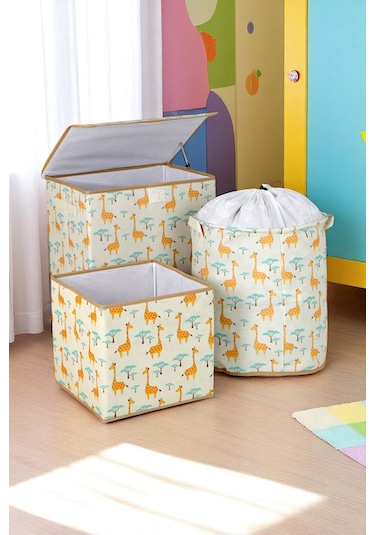 İronika Graffe Dolap İçi Organizer Oyuncak Kutusu Eşya Çamaşır Saklama Sepeti Düzenleyici Kutu 3lü Set Bej