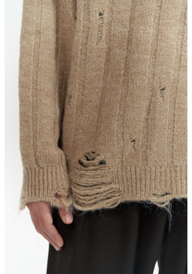 Vincent Yırtık Detay Vizon Erkek Triko Kazak Vizon