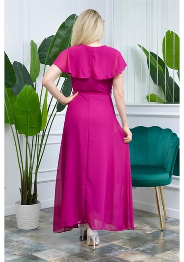 Neşeli Butik Kadın Mürdüm Kruvaze Yaka Bağlama Detaylı Uzun Şifon Elbise Nb0001 Mürdüm