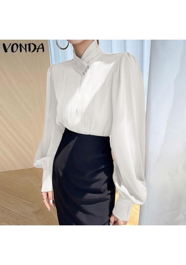 Vonda Kadın Zarif İnci Yakalı Düz Renk Çizgili Uzun Kollu Pileli Bluzlar Beyaz