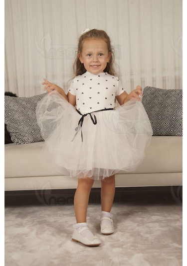 Kız Bebek-çocuk Kısa Kollu Doğum Günü Ve Özel Günler İçin Kalpli Tüllü Astarlı Elbise Kısakol-beyaz Beyaz