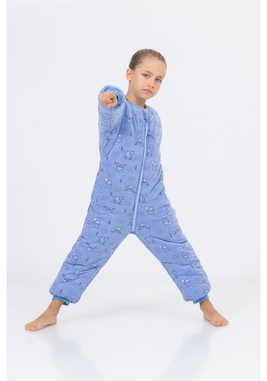 Kız Erkek Çocuk Kalın Elyaf Dolgulu Premium Kalite 2.5 Tog Desenli Uyku Tulumu Mavi Melanj