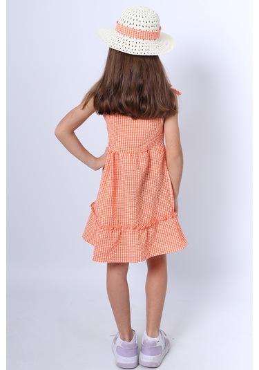 Kız Çocuk Şapkalı Elbise Kareli Fiyonklu B33 Turuncu