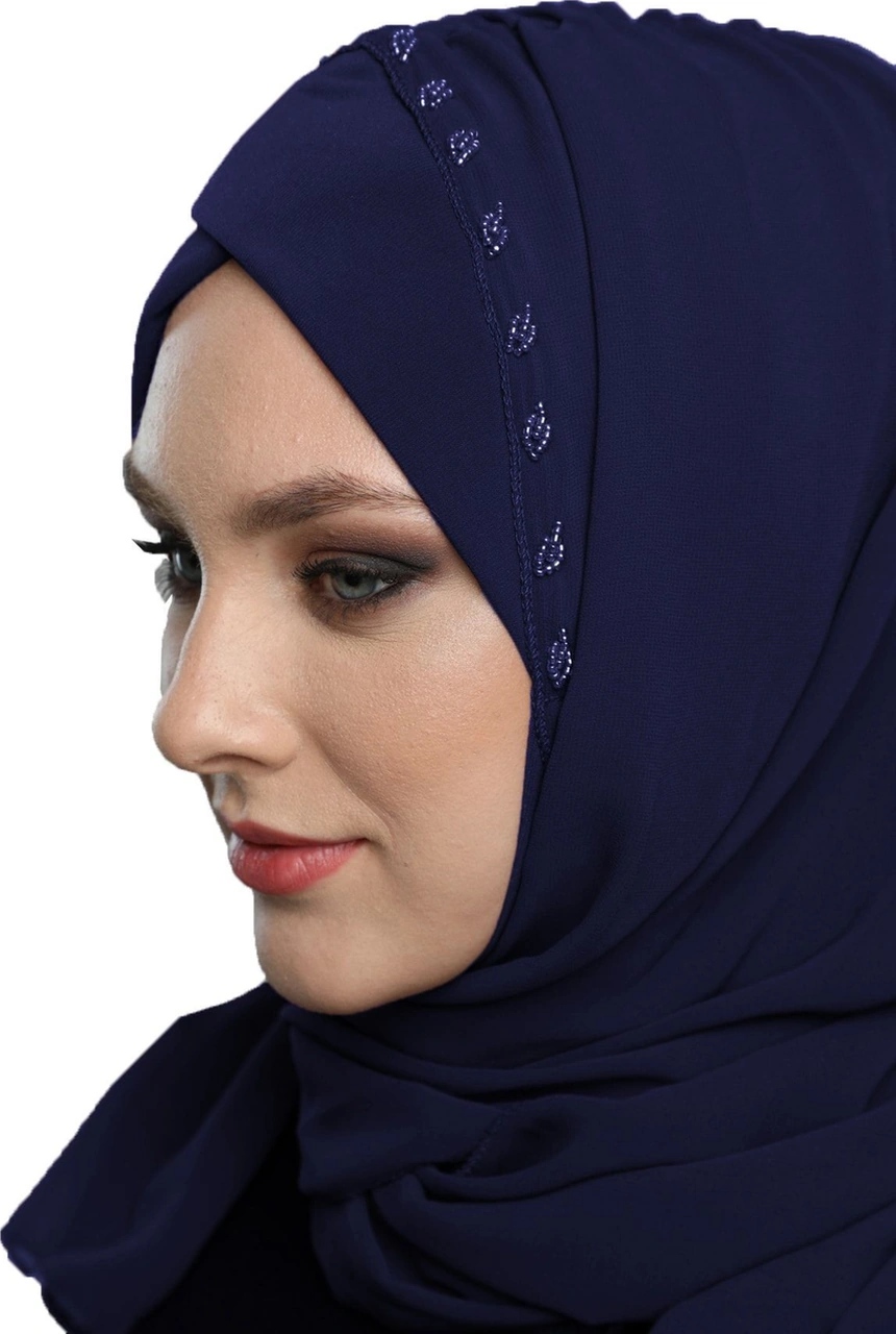 Şallı Takmatik Taşlı Lacivert Hazır Türban Tesettür Bone Namaz Örtüsü Lacivert
