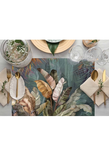 Adawall Tropikal Yaprak Detaylı Kumaş Amerikan Servis 4'lü Set Çok Renkli