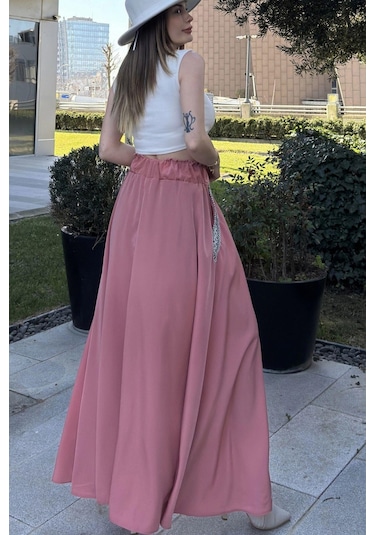 WeShaya Kadın Pembe Beli Lastikli, Cepleri Hasır İşlemeli, Rahat Kesim, Uzun Kiloş Etek Pembe