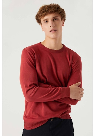 Regular Fit Nar Çiçeği Tüylenme Yapmayan Bisiklet Yaka Triko Kazak Narçiçeği