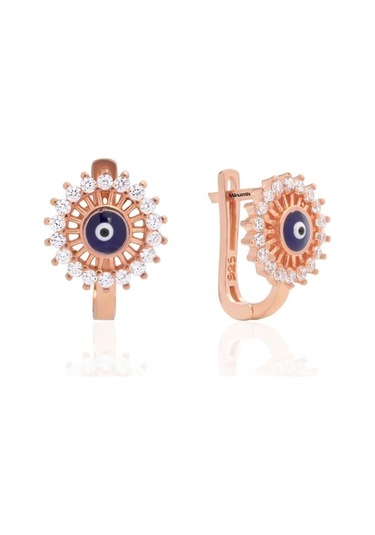Pave Sıralı Nazar Boncuğu Gümüş Küpe Rose-2358