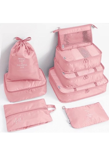 Seyahat Çantası Organizer Seti 8 Parça - Su Geçirmez Giyim Ayırma Çantaları, Mesh Tasarım, Kaymazsız Kilit Ve Çift Yönlü Zipper - Pembe
