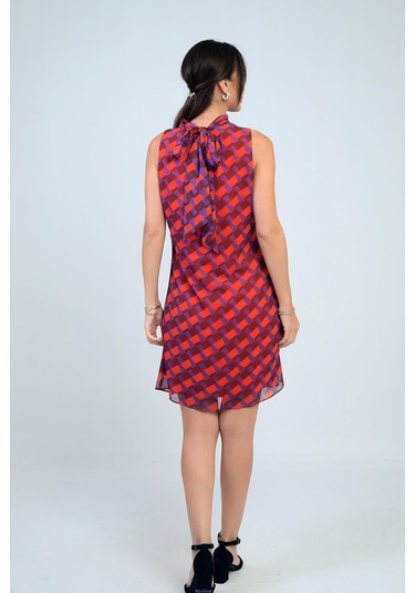 Kadın Degaje Yaka Astarlı Desenli Kısa Şifon Elbise-41773 Mor