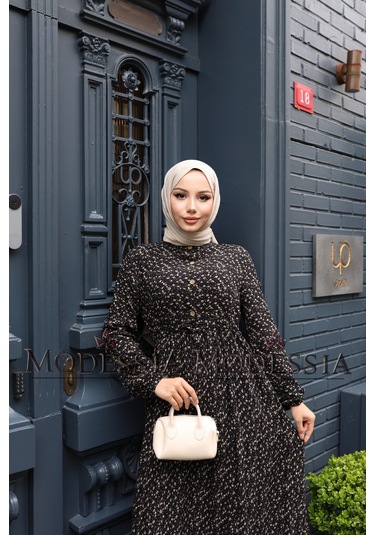 Kadın Siyah %100 Viskon Pamuklu Belden Bağlamalı Çiçek Desen Kat Kat Elbise V9539 Siyah