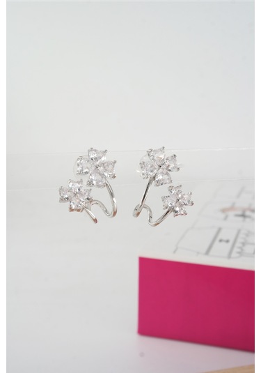 By Zeyna Aksesuar Kadın Vip Seri Baget Zirkon Taşlı 925 Ayar Gümüş Klipsli Küpe Seti-4192 Gümüş