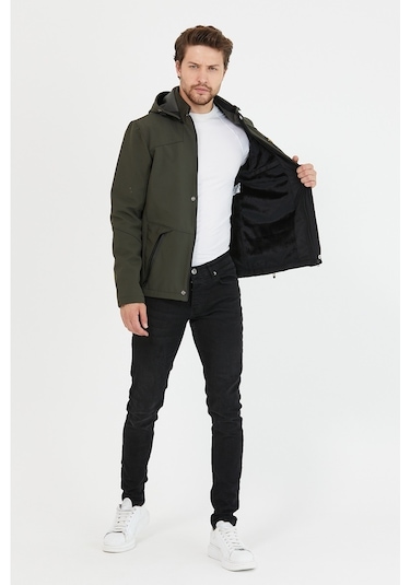 Mero Life Içi Kürklü Kapüşonlu Su Ve Rüzgar Geçirmez Softshell Erkek Mont Haki