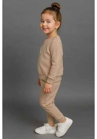 Papatya Nakışlı %100 Pamuk 2 Li Çocuk Eşofman Takımı Bej