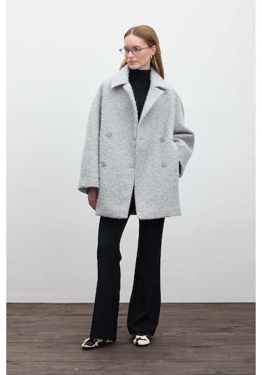 Kruvaze Kapama Kaşe Kaban Gri Gri