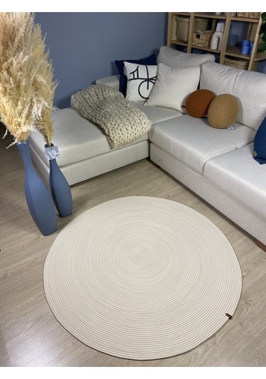 Jüt Yuvarlak Hasır Görünümlü Klasik Halı Kilim Krem