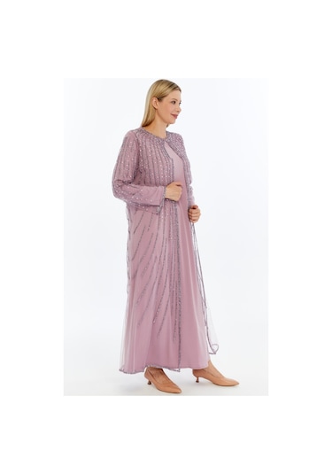 Modabanuda Betül 2'li Takım Taşlı Abaya Lila