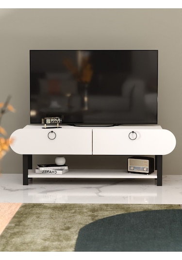 Tv Sehpası Tv Ünitesi Kapaklı Raflı Setro Beyaz Beyaz