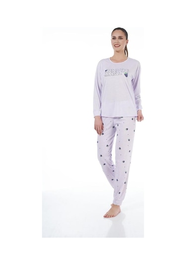 Estiva Desenli Uzun Kol Viskon Bayan Pijama Takım Lila