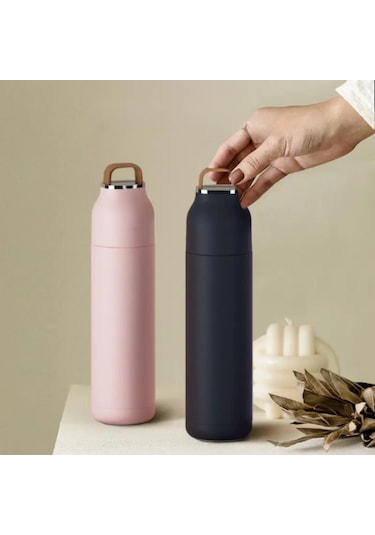 Paslanmaz Çelik Bardak Kapaklı, Tutacaklı, Mat Gövdeli Termos 400 Ml Pembe