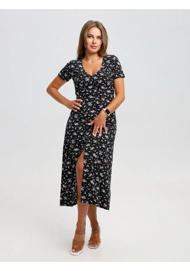 Toontex Düğmeli, Çiçek Desenli Yazlık Midi Elbis 444451011